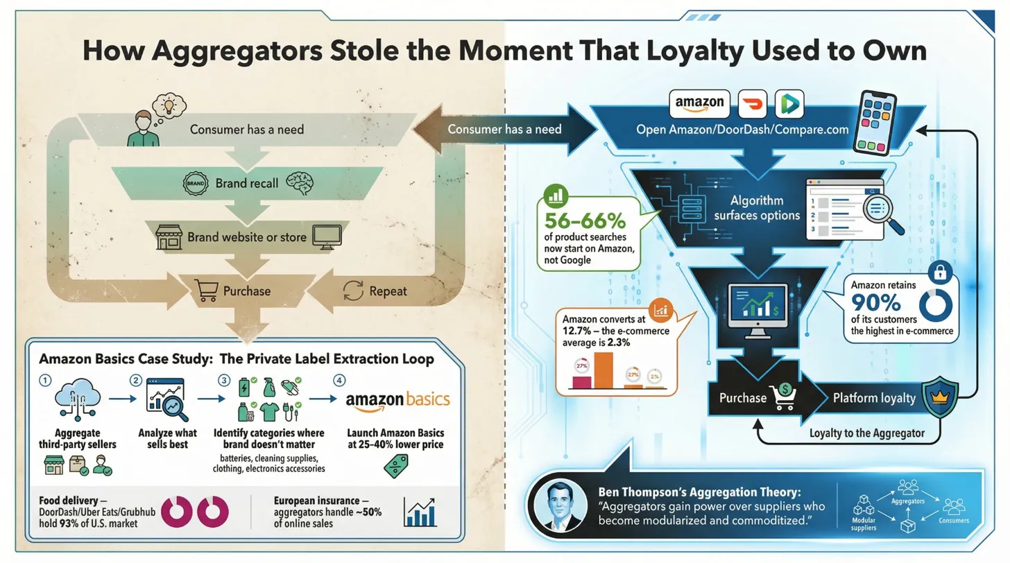 How Aggregators Stole the Moment That Loyalty Used to Own — comparing the old brand-owned loop with the new aggregator-owned funnel, showing how 56–66% of product searches now start on Amazon.