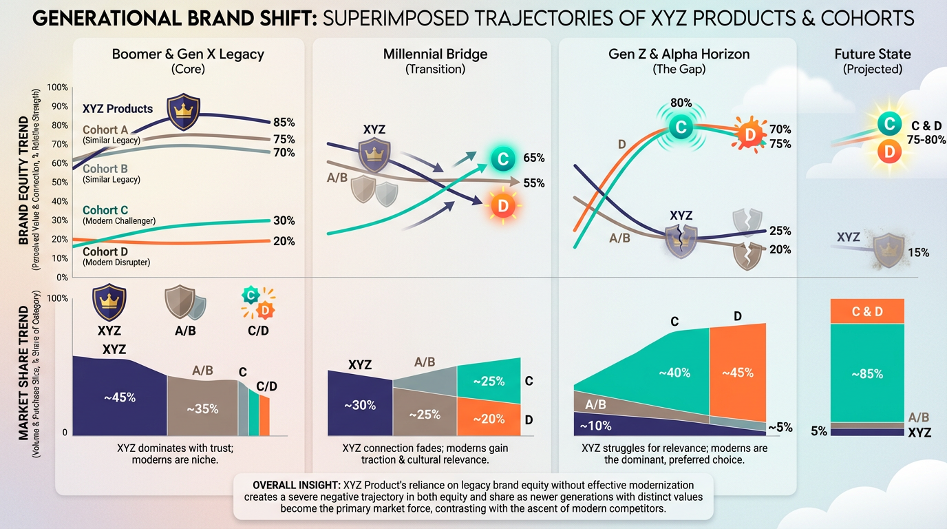 Generational Brand Shift — superimposed trajectories showing how legacy brand equity erodes across Boomer, Millennial, and Gen Z cohorts while modern challengers gain dominance in both equity and market share.