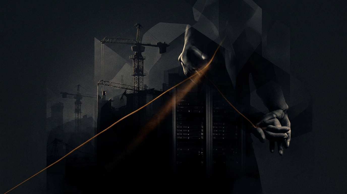 Editorial composition layering construction cranes, server racks, and human hands — the architecture of modern American work