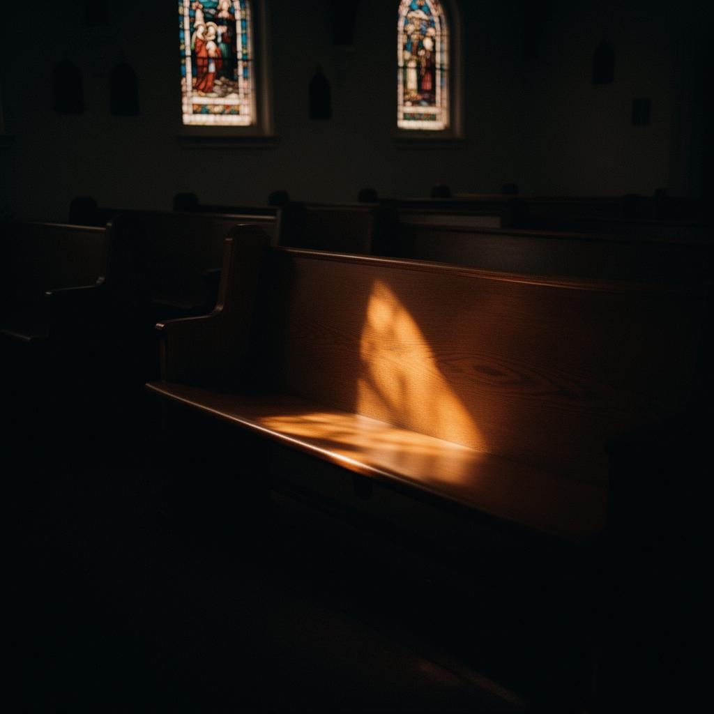 An empty wooden church pew at dusk, lit by a single shaft of warm light through stained glass — the architecture of belief without belonging