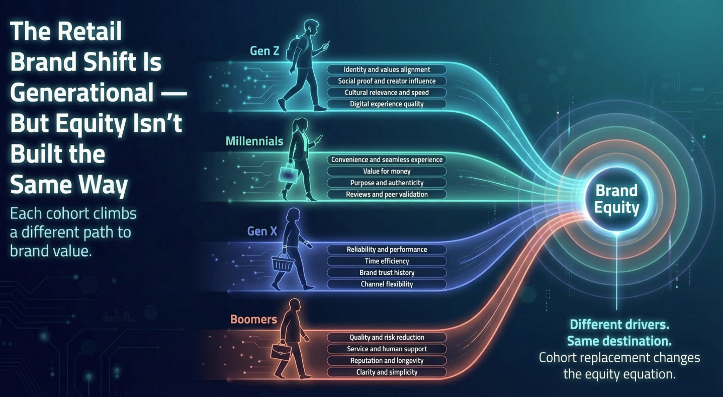 The Retail Brand Shift Is Generational — each cohort (Gen Z, Millennials, Gen X, Boomers) climbs a different path to brand equity, driven by different loyalty factors.