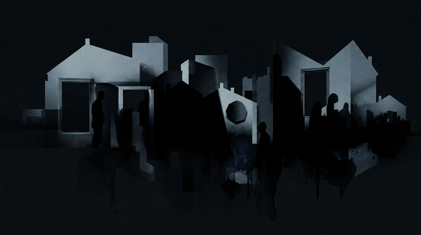 Abstract editorial composition representing invisibility, absence, and the architectural shadow of dwellings