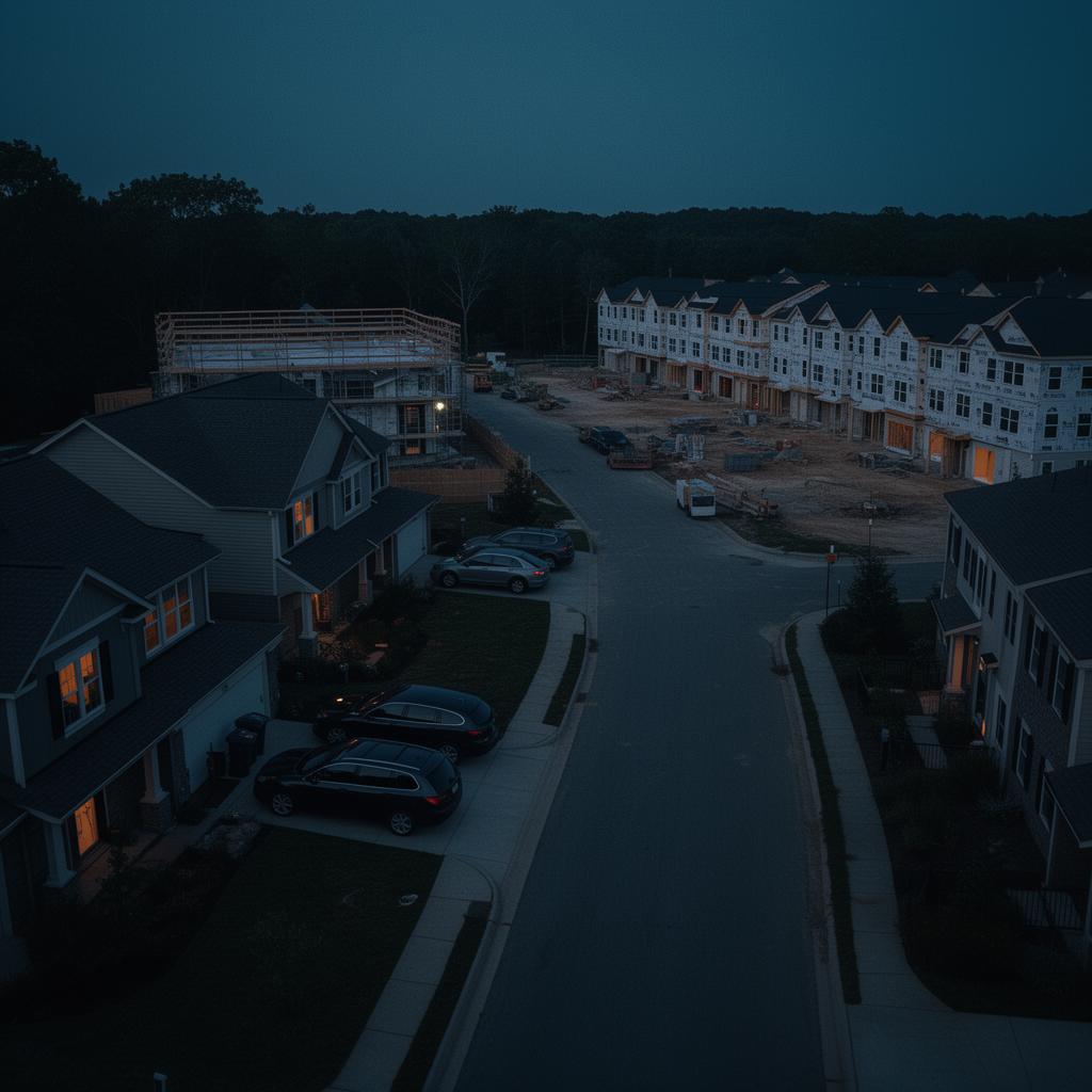 A residential street at dusk showing a single-family home, a multigenerational house, a row of built-to-rent townhomes, and a small apartment building together in one frame