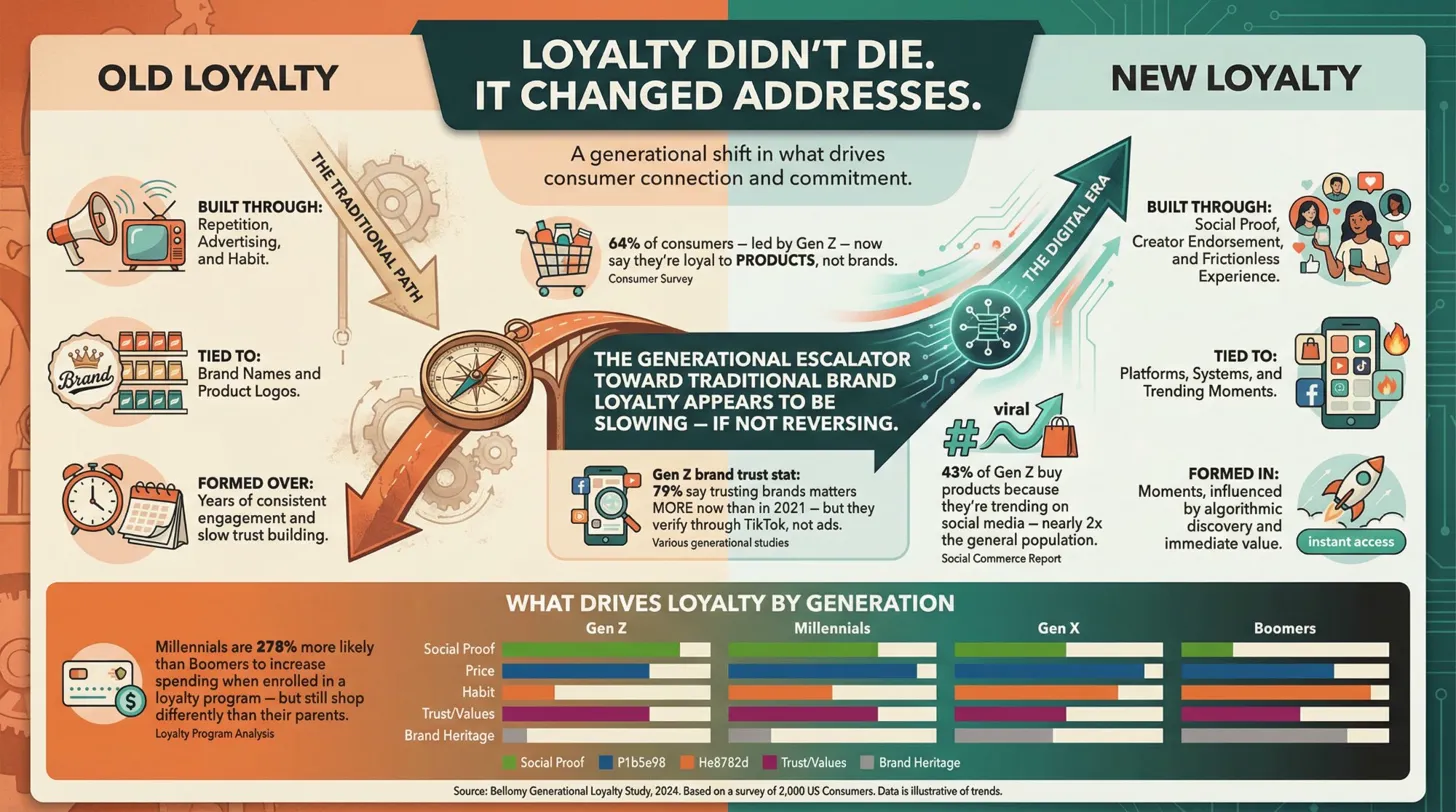 Loyalty Didn't Die. It Changed Addresses — comparing old loyalty built through repetition and brand names with new loyalty built through social proof, creator endorsement, and platforms.