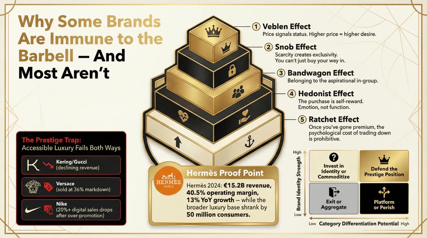 Why Some Brands Are Immune to the Barbell — And Most Aren't. Shows the five prestige effects (Veblen, Snob, Bandwagon, Hedonist, Ratchet) with Hermès proof point and the Prestige Trap examples.
