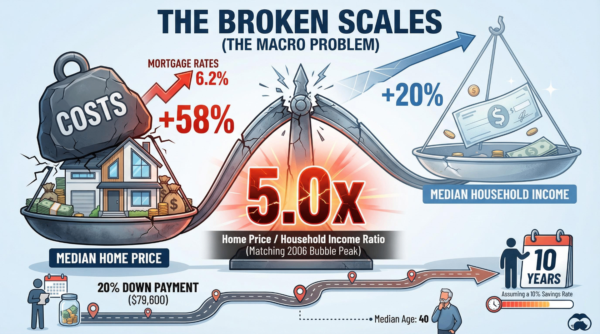 The Broken Scales infographic showing the macro affordability problem: home prices up 58% vs incomes up 20%, creating a 5.0x price-to-income ratio matching the 2006 bubble peak, with mortgage rates at 6.2% and a 10-year down payment timeline