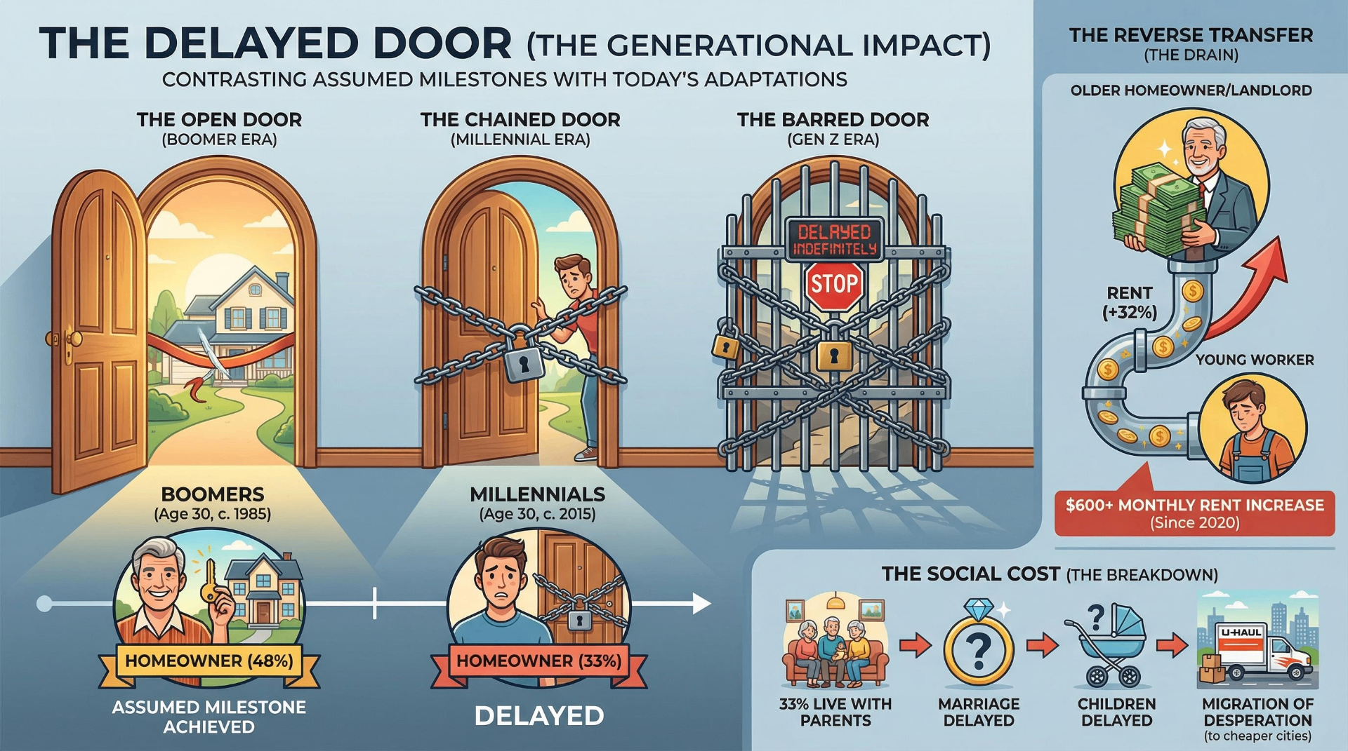 The Delayed Door infographic contrasting generational homeownership: Boomers at age 30 had 48% homeownership vs Millennials at 33%, with Gen Z facing a barred door, plus the reverse wealth transfer showing $600+ monthly rent increases since 2020