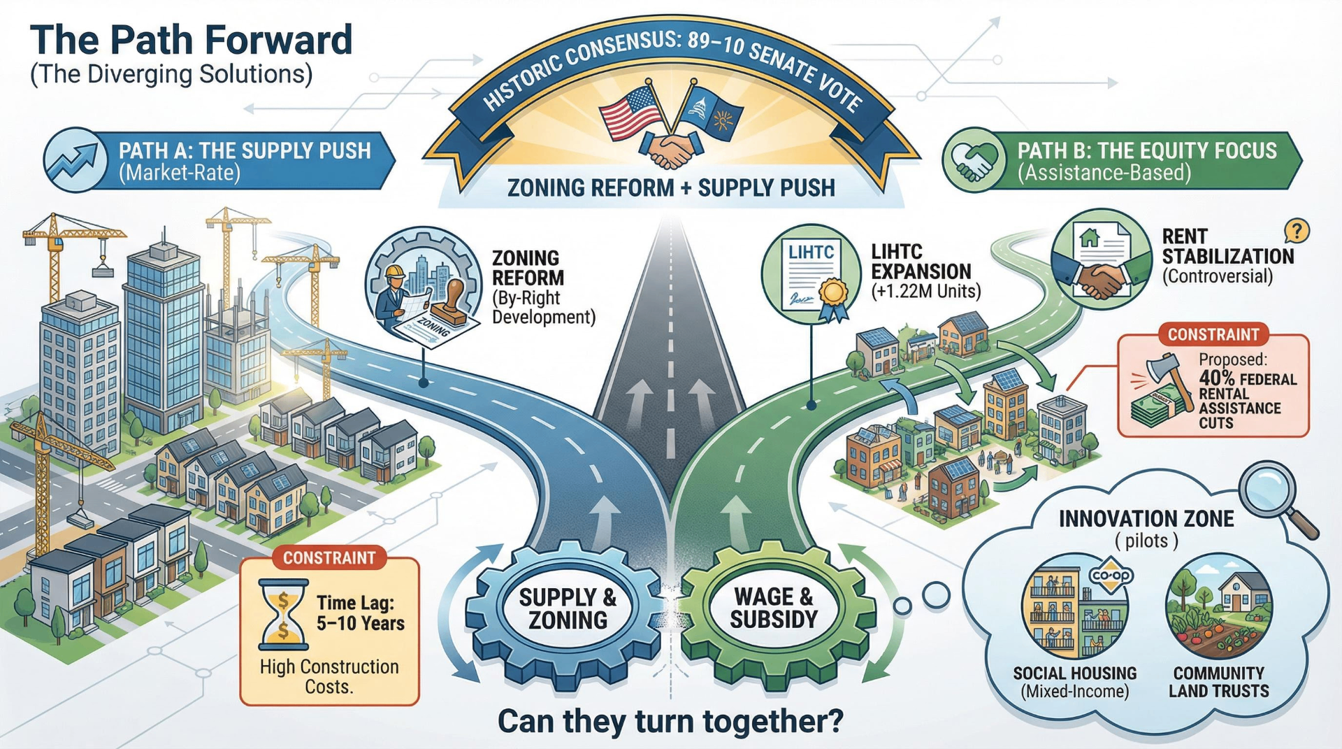 The Path Forward infographic mapping diverging policy solutions from supply-side zoning reform to equity-focused social housing and community land trusts