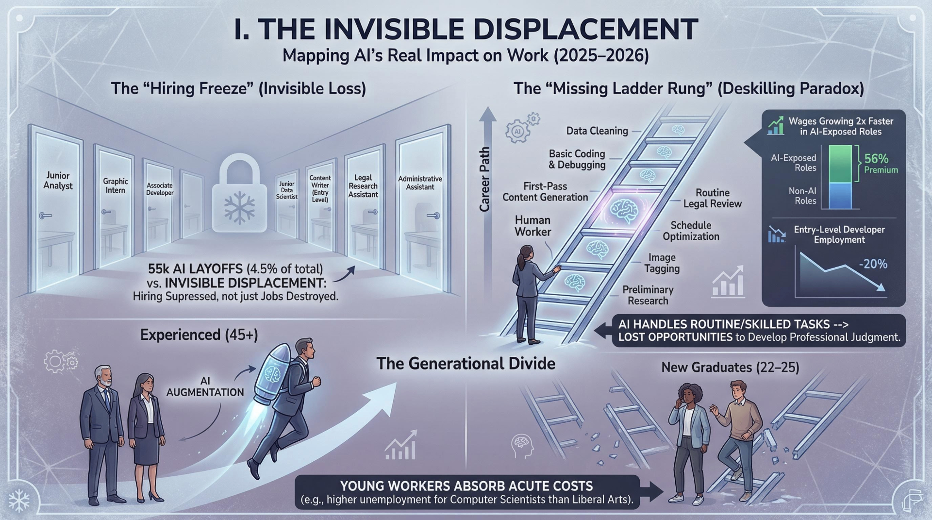 Infographic: The Invisible Displacement — mapping AI's real impact on work 2025–2026, showing the hiring freeze, the missing ladder rung deskilling paradox, 56% wage premium in AI-exposed roles, and 20% entry-level developer employment decline