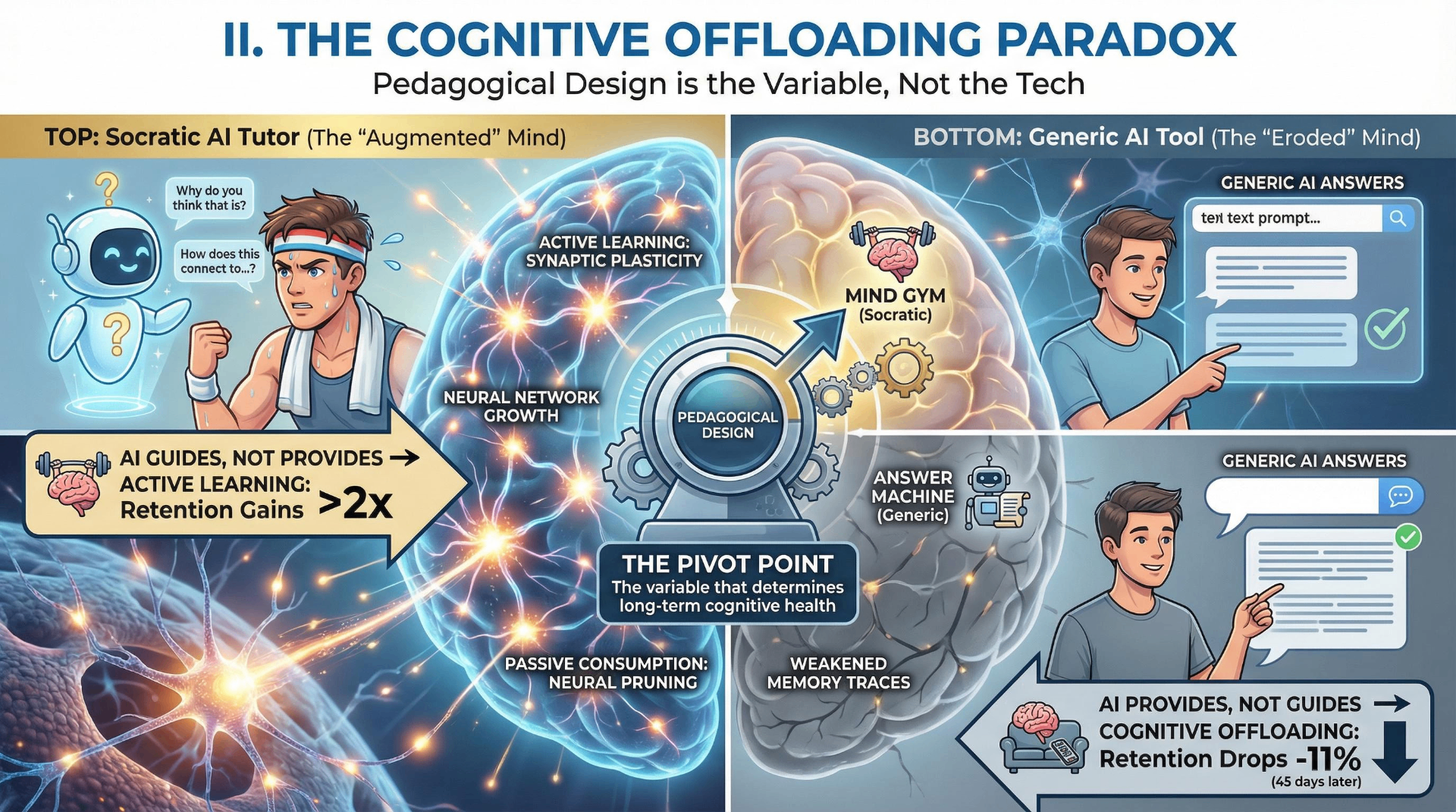 Infographic: The Cognitive Offloading Paradox — comparing Socratic AI tutoring (2x learning gains, neural network growth) versus generic AI tools (11% retention drop after 45 days, neural pruning), showing pedagogical design as the pivot point