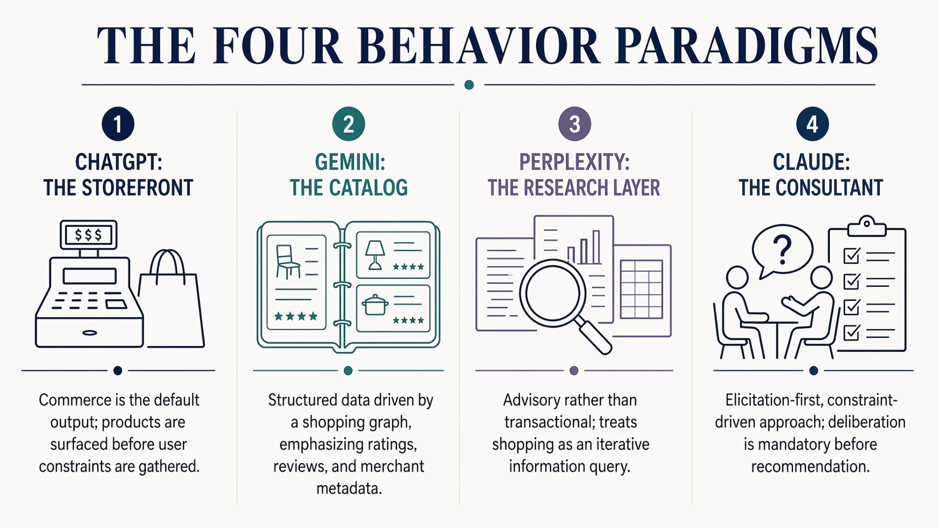 Diagram comparing how ChatGPT, Gemini, Perplexity, and Claude each handle a shopping query