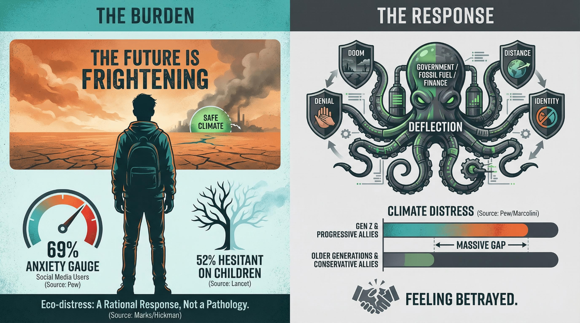 Infographic showing Gen Z's climate burden — 69% anxiety among social media users, 52% hesitant on children — contrasted with fossil fuel industry deflection strategies including doom, denial, distance, and identity manipulation