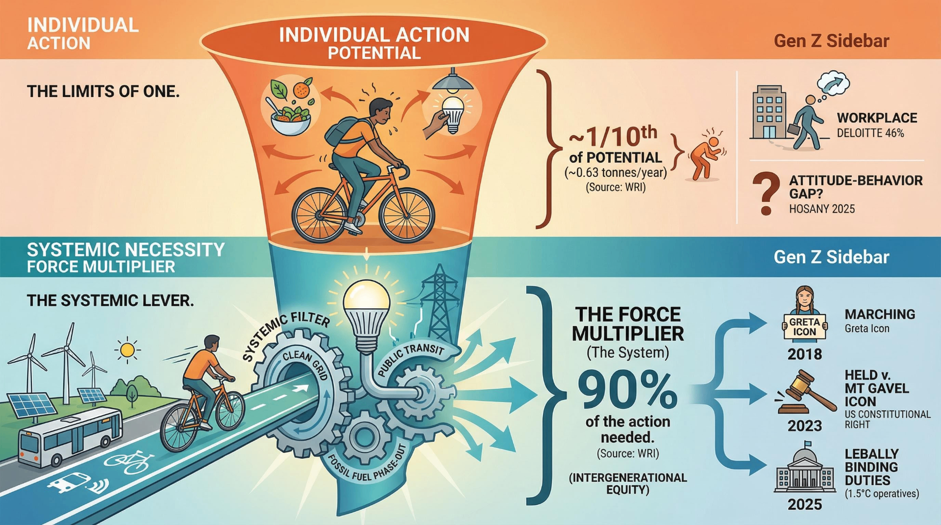 Infographic visualizing the gap between individual climate action delivering only one-tenth of potential versus systemic change as the 90% force multiplier, with Gen Z activism timeline from marches in 2018 to legally binding ICJ duties in 2025