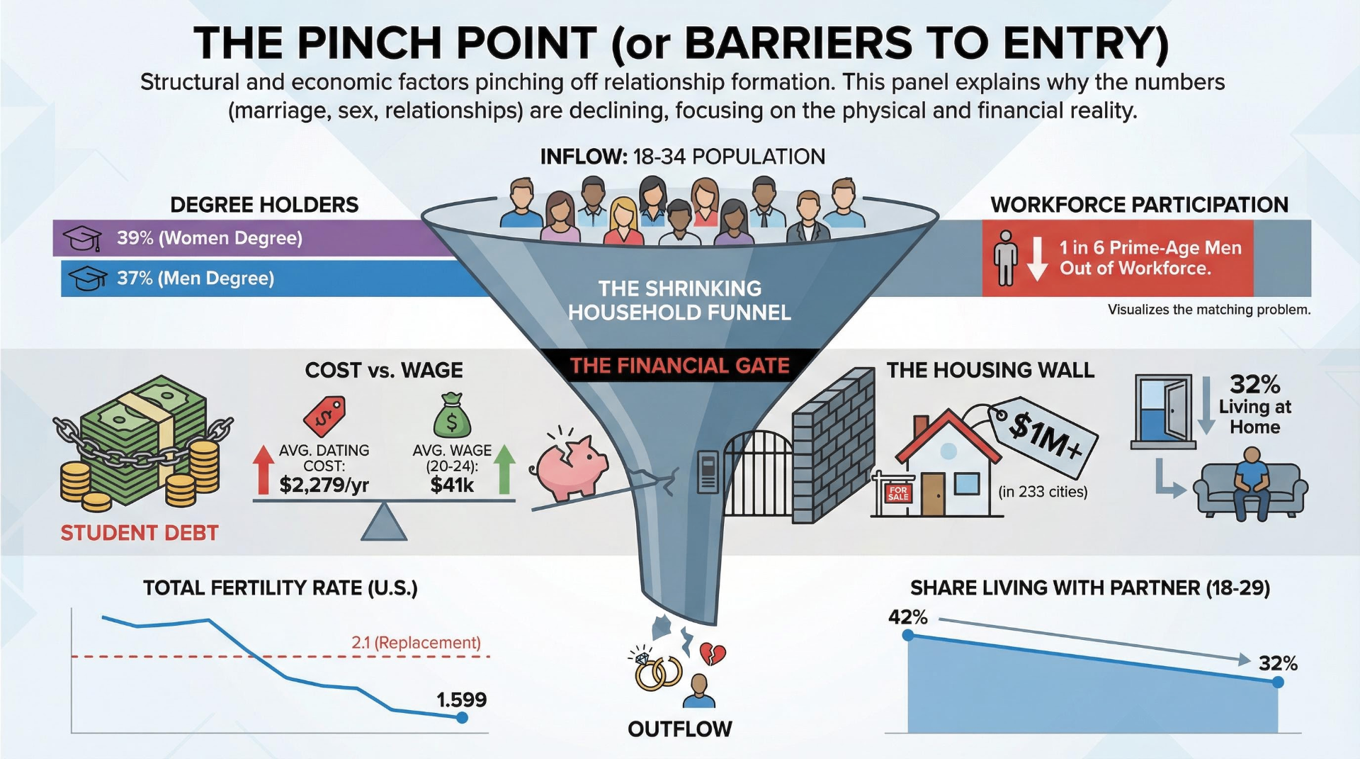 The Pinch Point — structural and economic barriers to relationship formation including student debt, housing costs, wage stagnation, and declining fertility rates