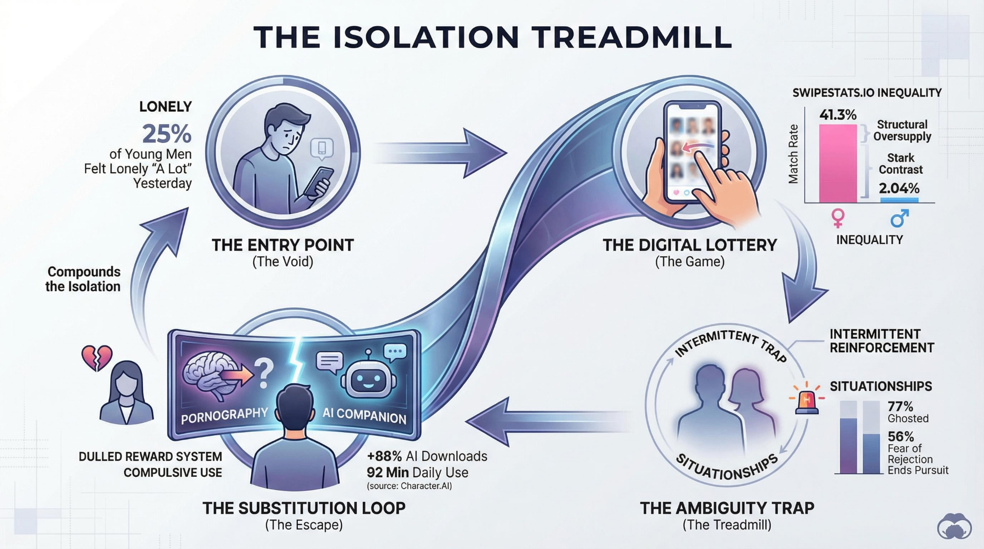 The Isolation Treadmill — a cyclical diagram showing how loneliness drives dating app use, situationships, digital substitution through pornography and AI companions, which compounds isolation