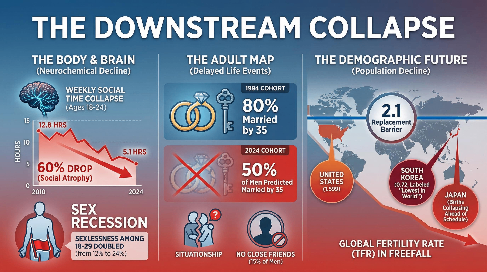 The Downstream Collapse — three panels showing neurochemical decline in social time, delayed life milestones, and global fertility rate freefall