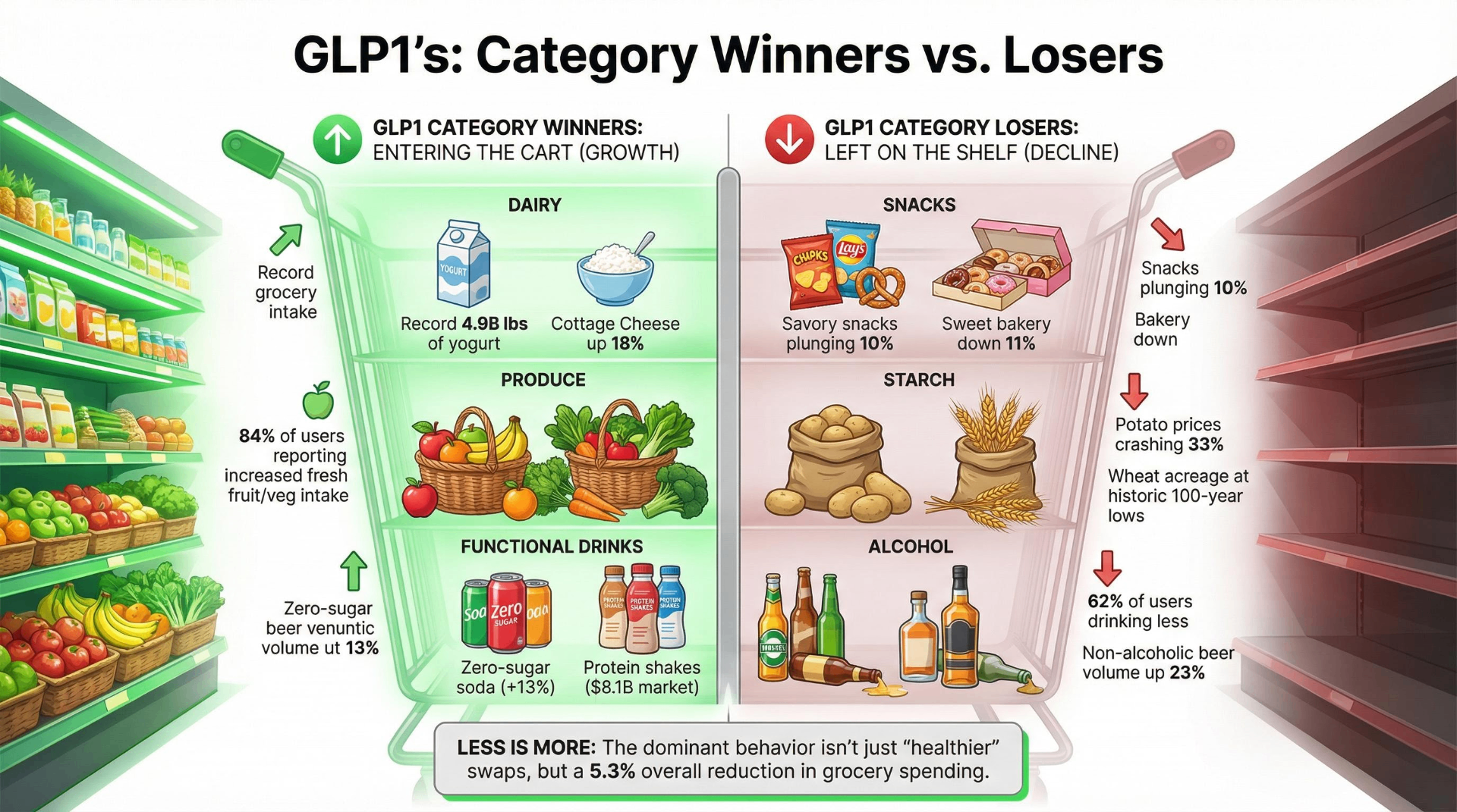 GLP-1 category winners versus losers infographic showing growth in dairy, produce, and functional drinks contrasted with declines in snacks, starch, and alcohol categories