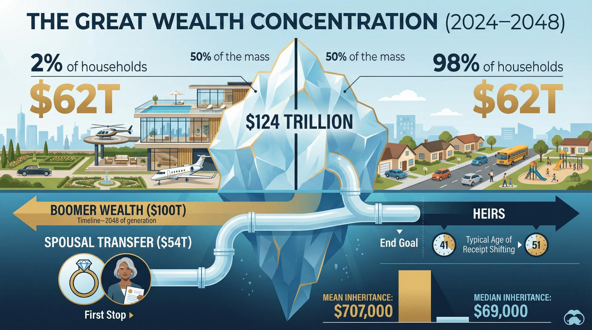 Infographic showing $124 trillion wealth concentration between 2% and 98% of households from 2024-2048