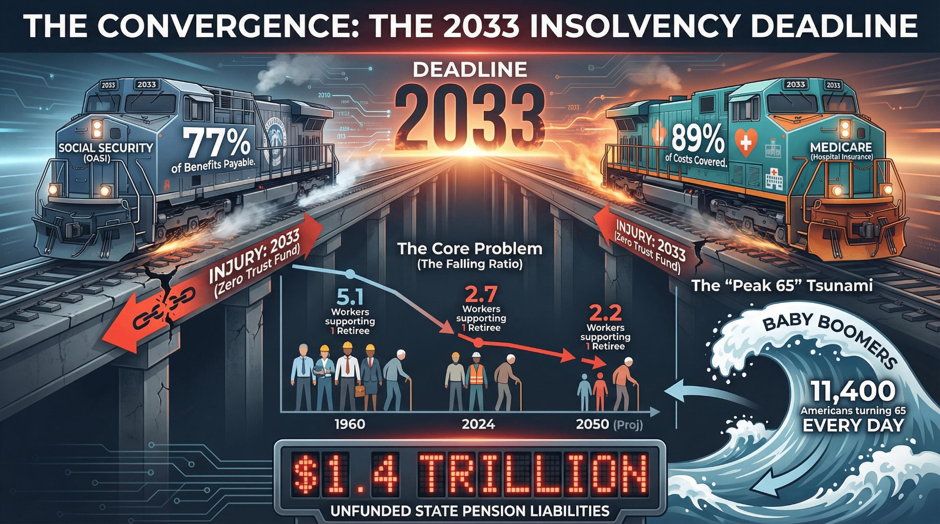Infographic depicting Social Security and Medicare convergence toward 2033 insolvency with falling worker-to-retiree ratios