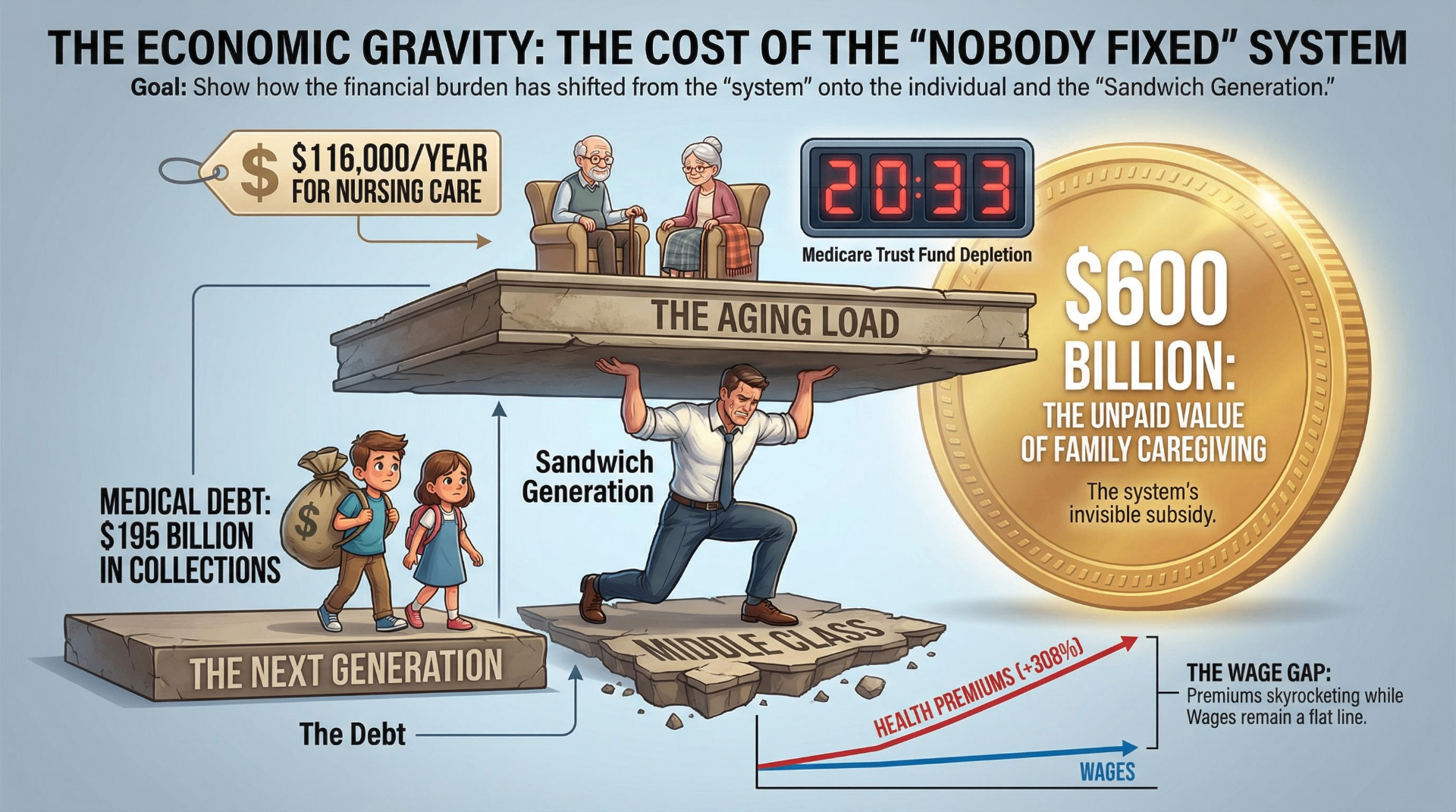 The Economic Gravity: The Cost of the Nobody Fixed System — $116,000/year nursing care, Medicare Trust Fund depletion 2033, $600 billion unpaid family caregiving, $195 billion medical debt in collections, health premiums up 308% while wages flat