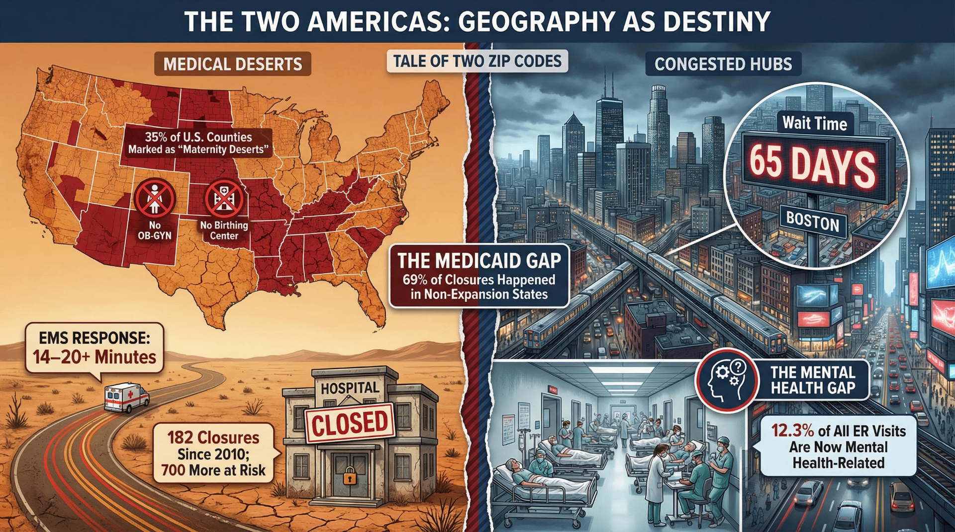 The Two Americas: Geography as Destiny — 35% of U.S. counties are maternity deserts, 182 rural hospital closures since 2010 with 700 more at risk, 69% of closures in non-expansion states, 65-day wait times in Boston, EMS response 14-20+ minutes in rural areas, 12.3% of ER visits now mental health-related