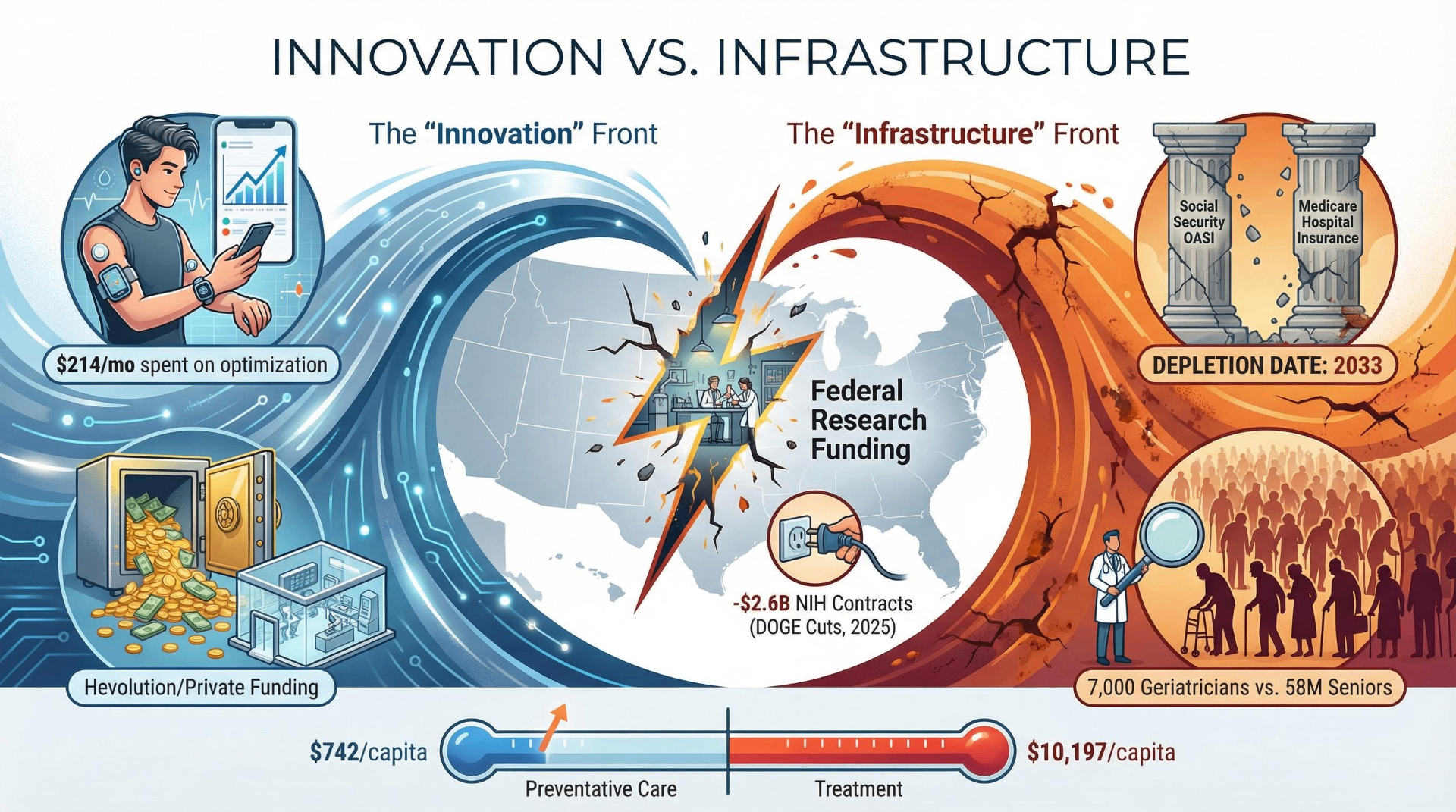 Innovation vs Infrastructure infographic contrasting private longevity funding and biohacking spending against crumbling federal research funding, Social Security and Medicare depletion by 2033, and the 14:1 ratio of treatment to preventive care spending
