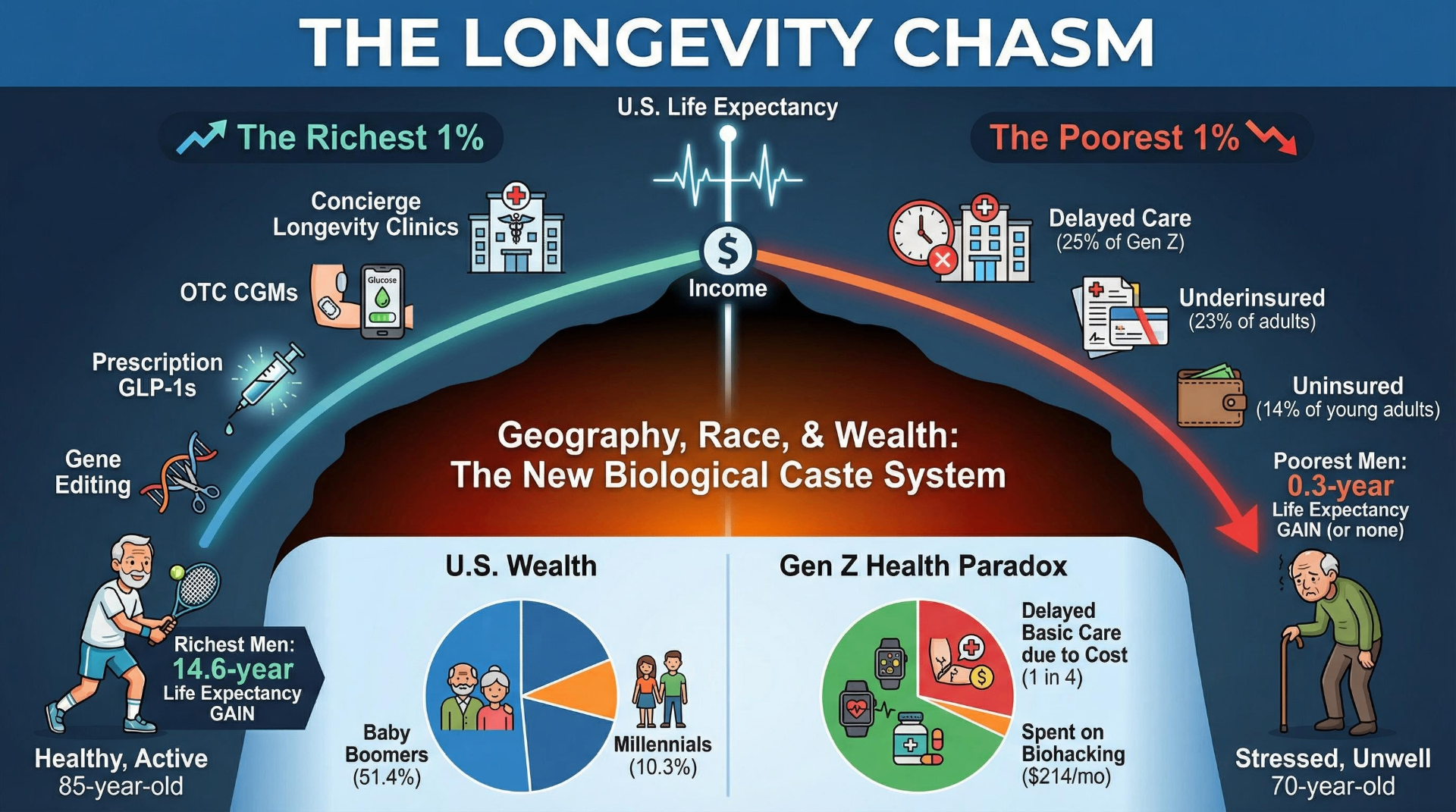 The Longevity Chasm infographic showing the diverging life expectancy curve between the richest 1% and poorest 1%, with wealth distribution showing Boomers owning 51.4% vs Millennials 10.3%, and the Gen Z health paradox of biohacking spending alongside delayed basic care