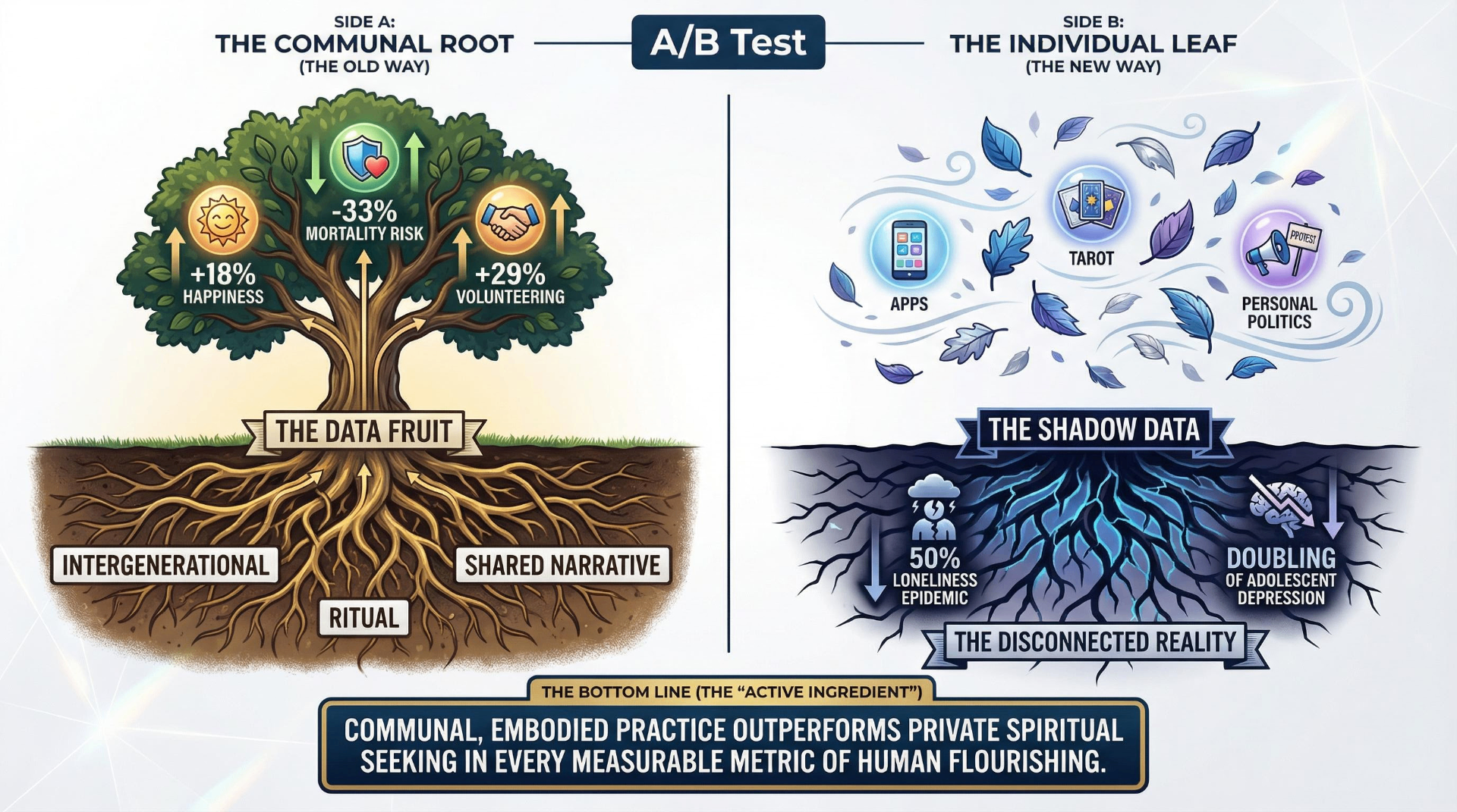 A/B test infographic comparing communal religious practice (the old way) showing -33% mortality risk, +18% happiness, +29% volunteering versus individual spiritual seeking (the new way) showing 50% loneliness epidemic and doubling of adolescent depression