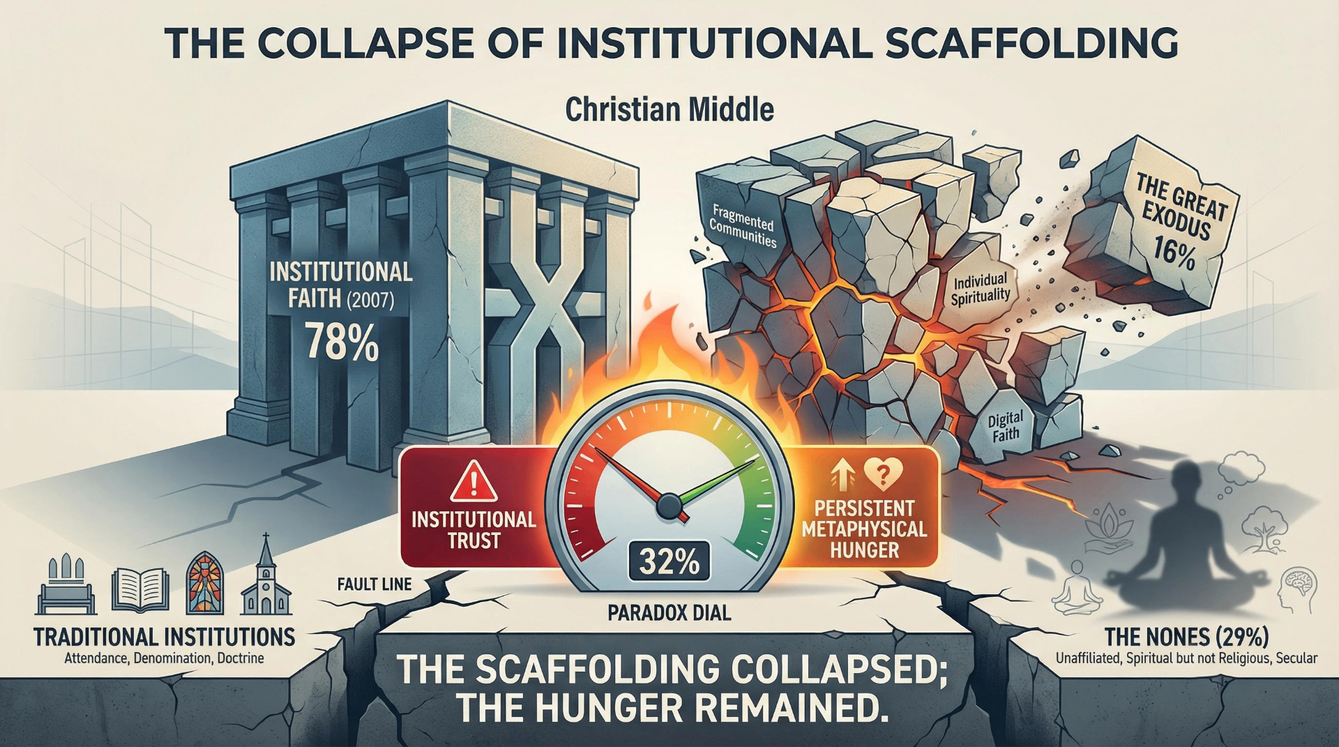 Infographic showing the collapse of institutional religious scaffolding — from 78% Christian identification in 2007 to 62% in 2024, with institutional trust at 32% while persistent metaphysical hunger remains