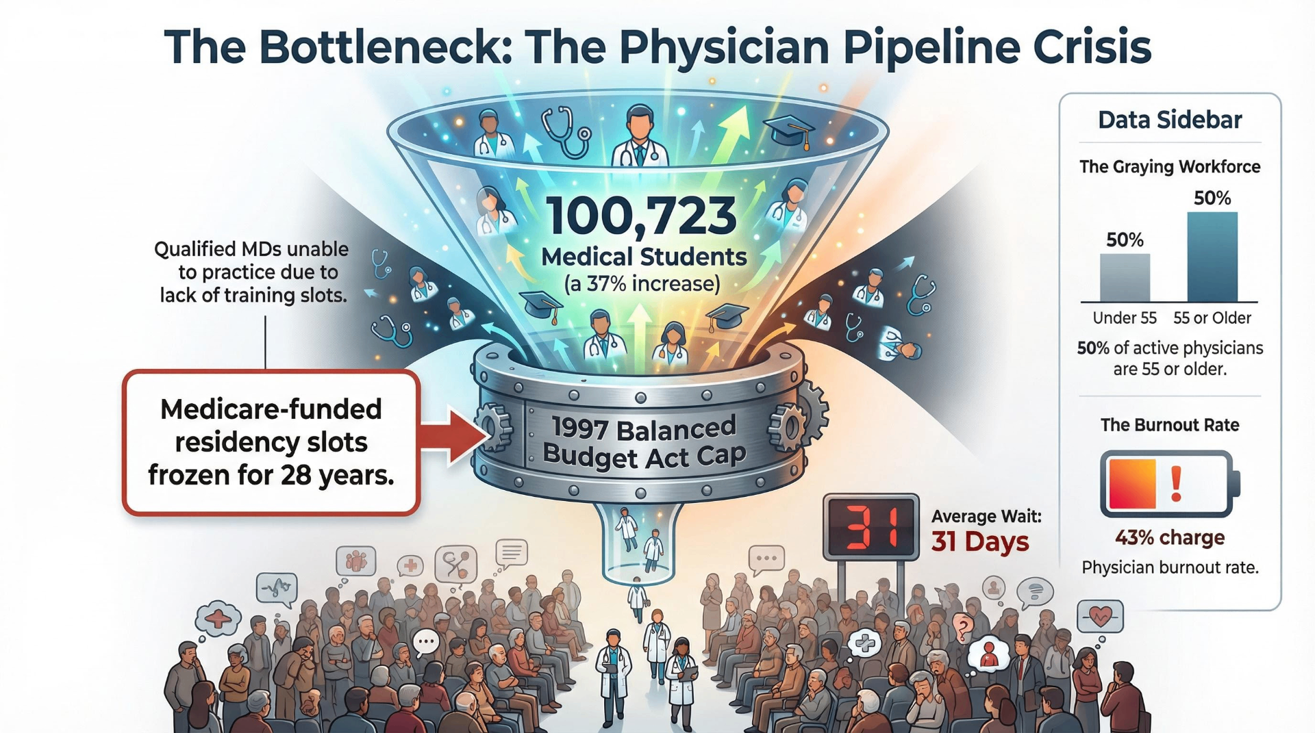 The Bottleneck: The Physician Pipeline Crisis — 100,723 medical students funneled through a 1997 Balanced Budget Act cap on residency slots, with 50% of active physicians aged 55 or older, 31-day average wait times, and 43% physician burnout rate
