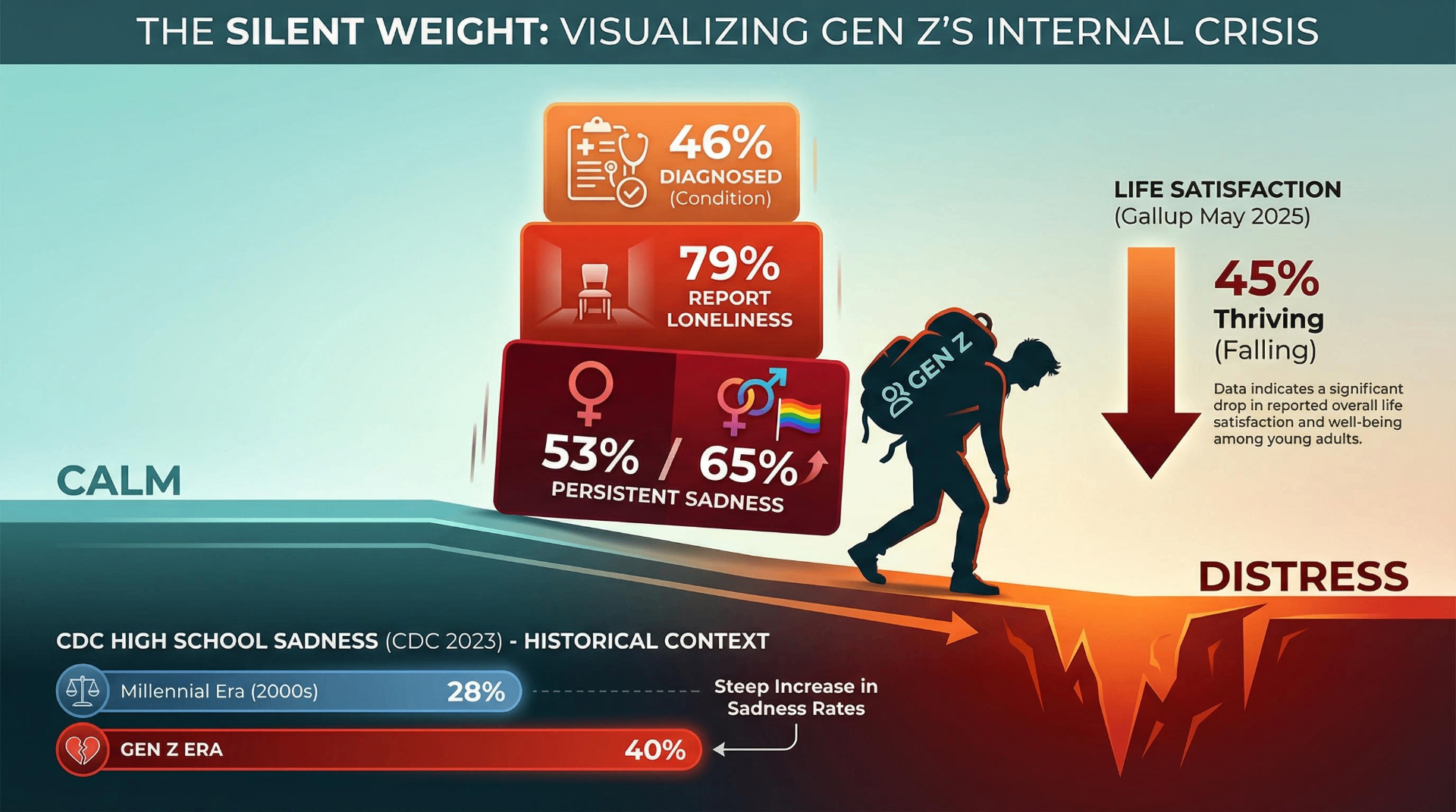 Infographic showing Gen Z's mental health crisis: 46% diagnosed with a condition, 79% report loneliness, 53% of females and 65% of LGBTQ+ students experience persistent sadness, with life satisfaction falling to 45%
