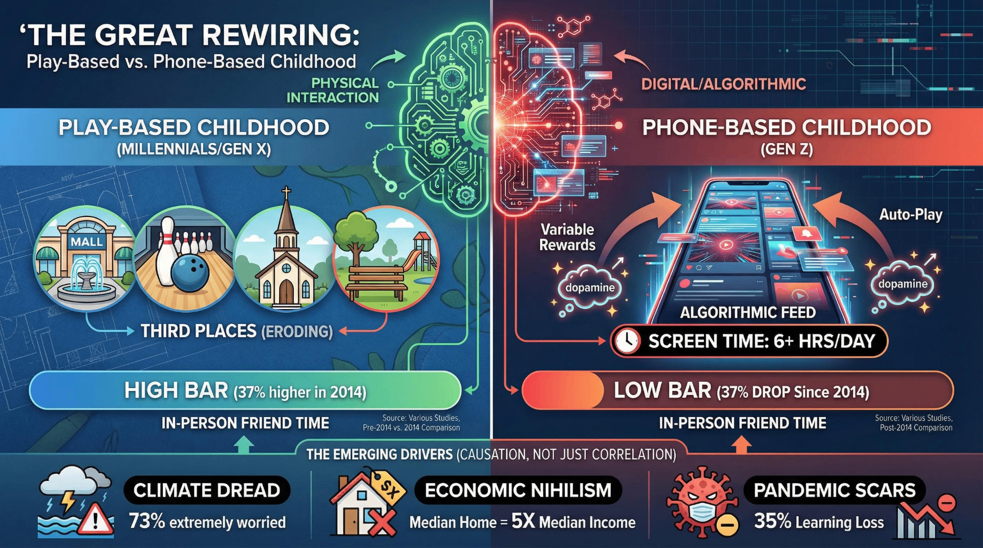 Infographic comparing play-based childhood of Millennials and Gen X with phone-based childhood of Gen Z, showing 37% drop in in-person friend time since 2014, 6+ hours daily screen time, and emerging drivers including climate dread, economic nihilism, and pandemic scars