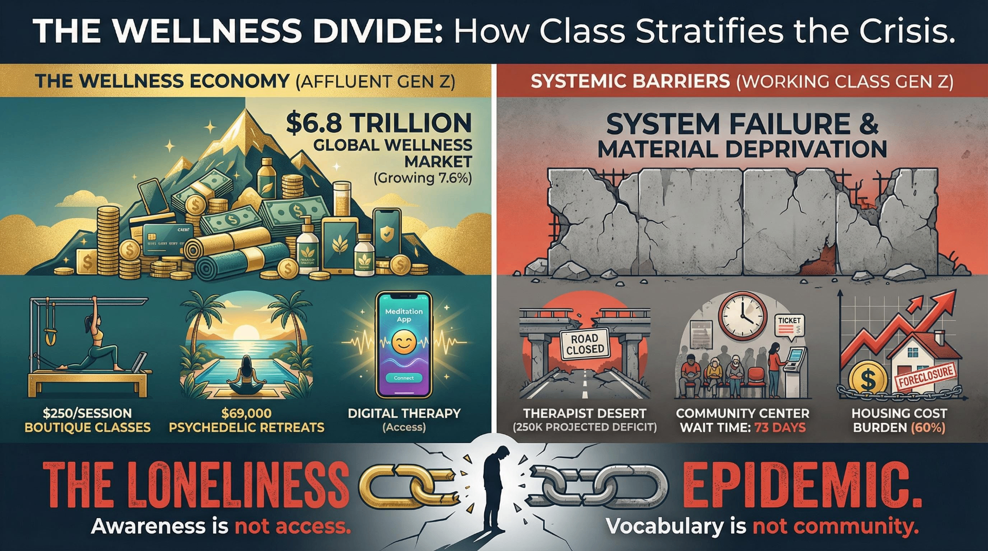 Infographic showing the wellness divide: affluent Gen Z accessing a 6.8 trillion dollar wellness economy versus working class Gen Z facing systemic barriers including therapist deserts, 73-day wait times, and 60% housing cost burden