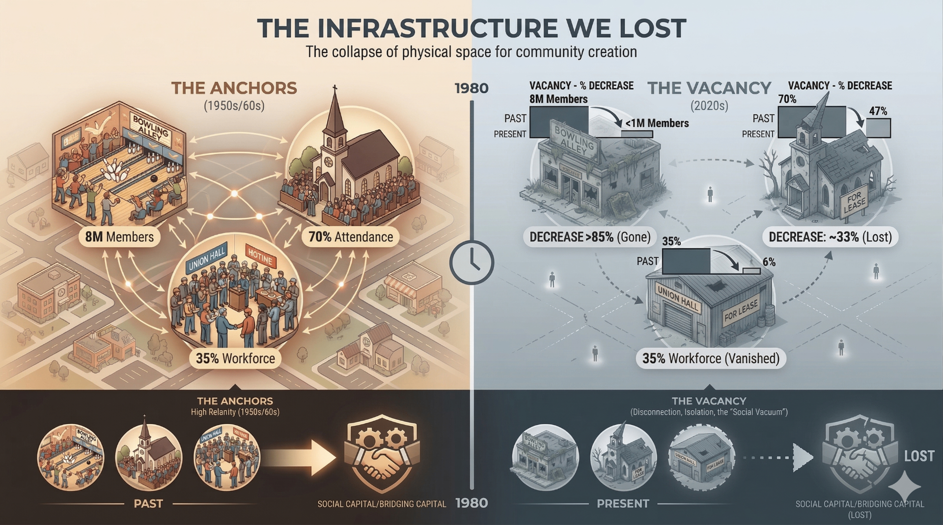 Infographic showing the infrastructure we lost — the collapse of physical space for community creation, comparing 1950s-60s anchors like bowling alleys with 8M members, churches with 70% attendance, and union halls with 35% workforce to their present-day vacancy with decreases of 85%, 33%, and near-total loss