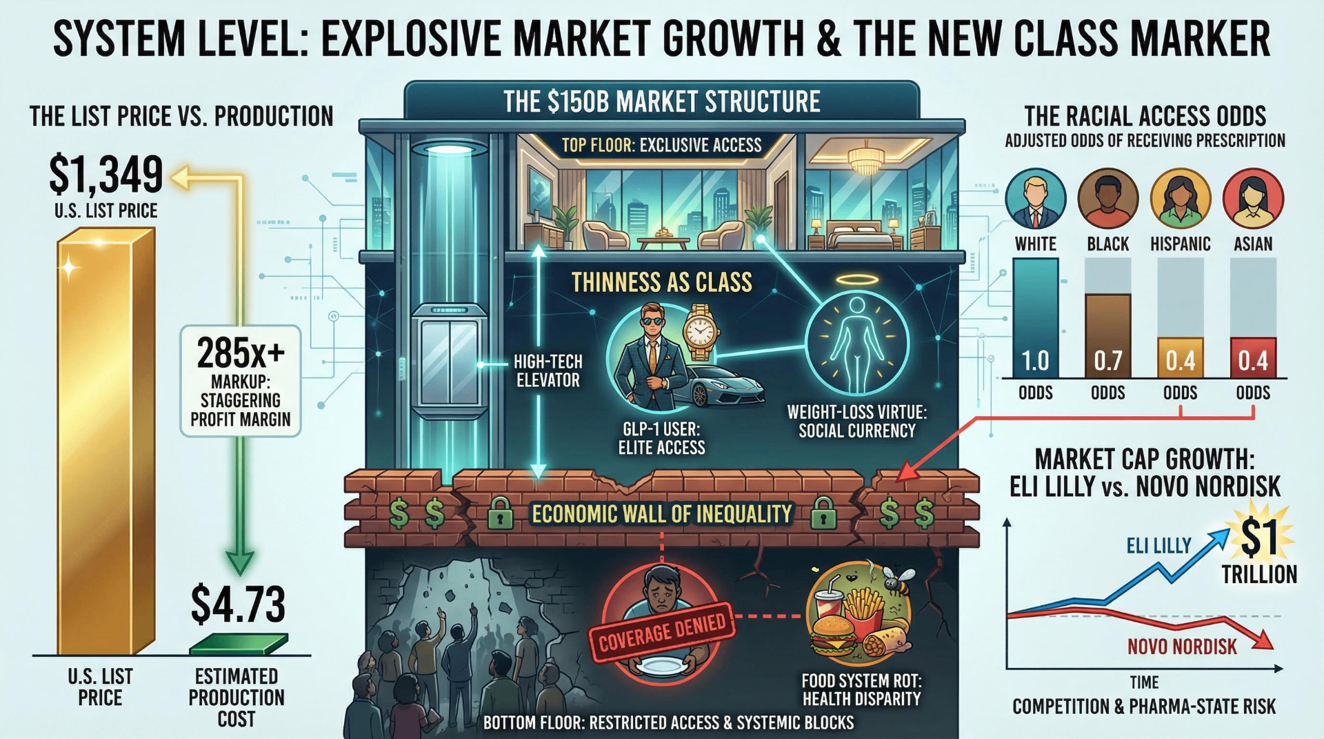 System Level: Explosive Market Growth and the New Class Marker — showing the $1,349 list price vs $4.73 production cost, racial access odds, and the economic wall of inequality in GLP-1 access