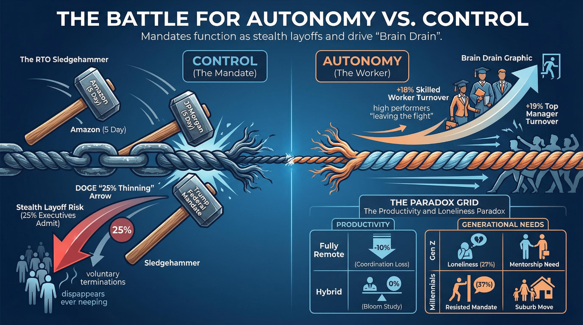 The Battle for Autonomy vs Control infographic — showing RTO sledgehammer mandates from Amazon and JPMorgan on the control side versus brain drain with 18% skilled worker turnover and 19% top manager turnover on the autonomy side, plus the paradox grid showing fully remote with -10% productivity loss versus hybrid at 0% (Bloom study), and generational needs showing Gen Z loneliness at 27% versus Millennials resisting mandates at 37%