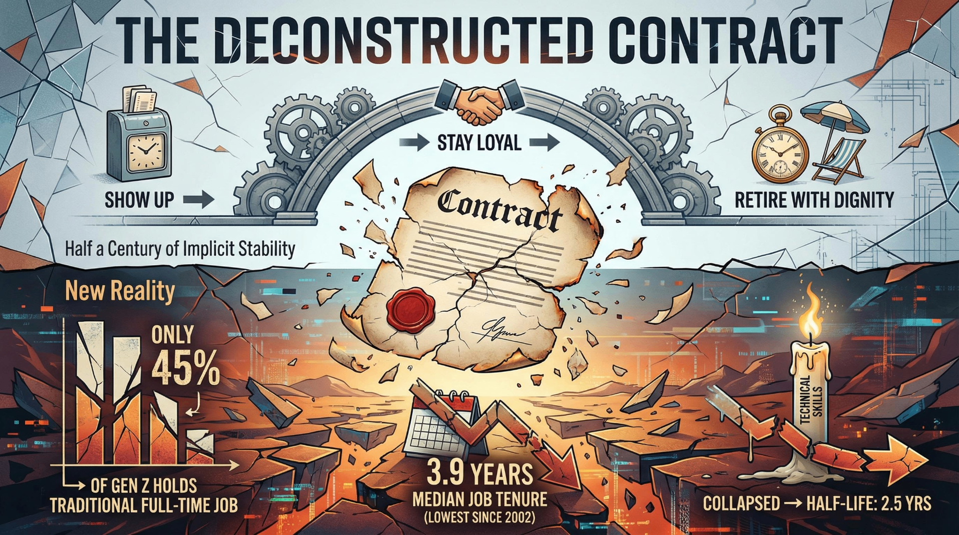 Infographic showing the deconstructed employment contract — from the old deal of show up, stay loyal, retire with dignity to today's reality of 45% full-time employment, 3.9-year median tenure, and 2.5-year skill half-life