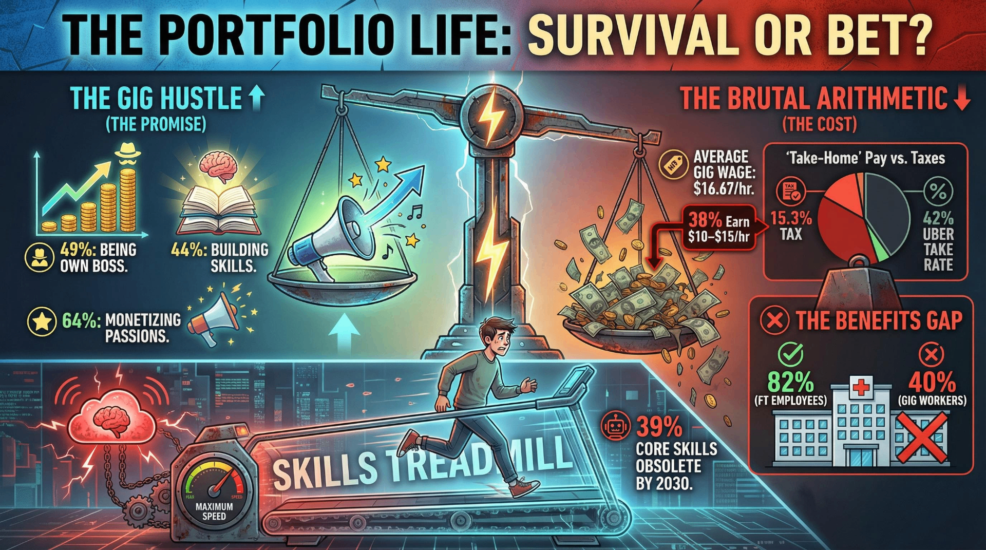 Infographic contrasting the gig hustle promise versus the brutal arithmetic — showing 49% want to be own boss but average gig wage is $16.67/hr, 42% Uber take rate, and 82% vs 40% benefits gap between full-time and gig workers