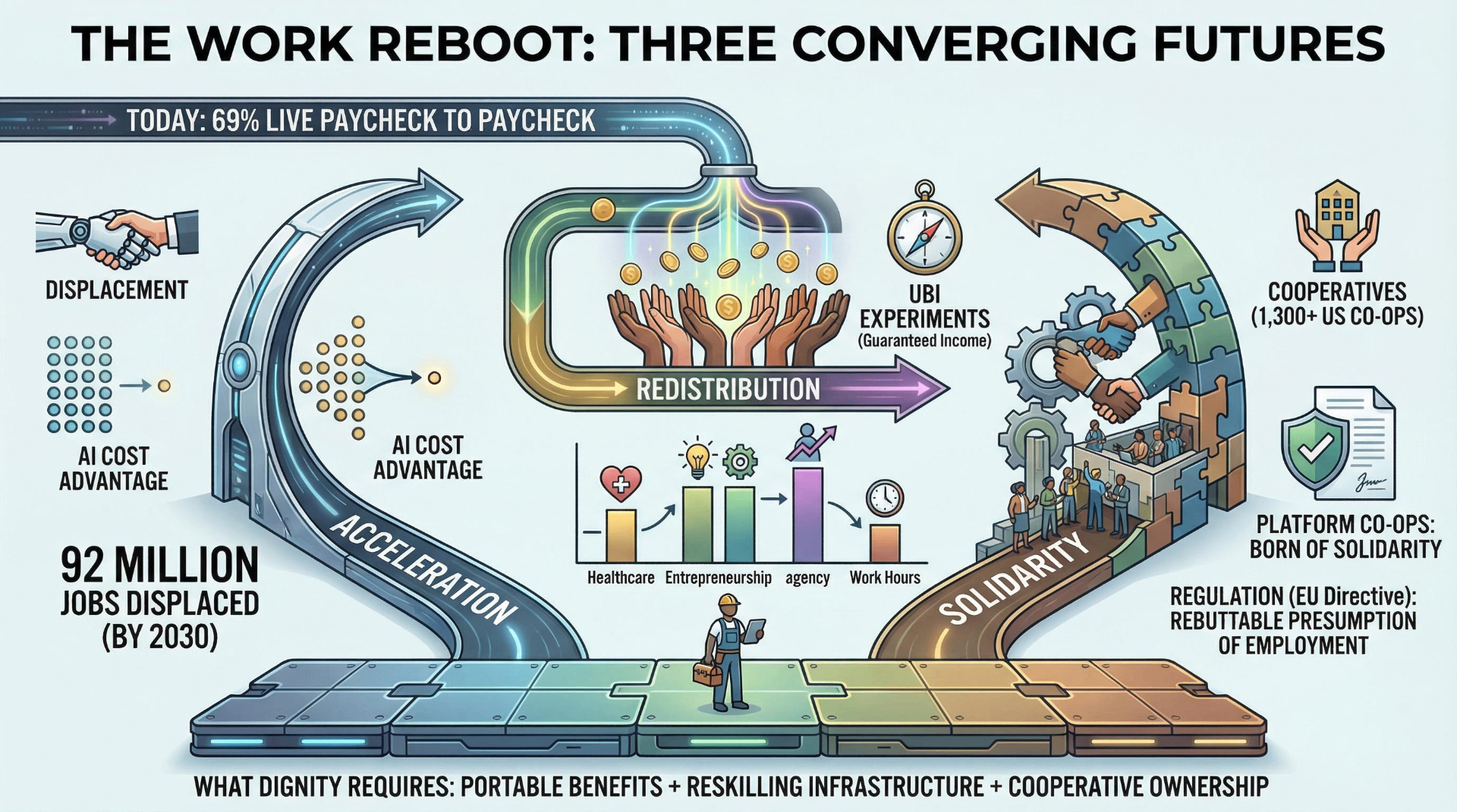 Infographic mapping three converging futures of work — acceleration with 92 million jobs displaced by AI, redistribution through UBI experiments, and solidarity through 1,300+ worker cooperatives and EU platform regulation